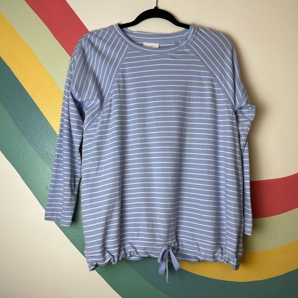J. Jill Light Blue and White Striped Drawstring Pullover
